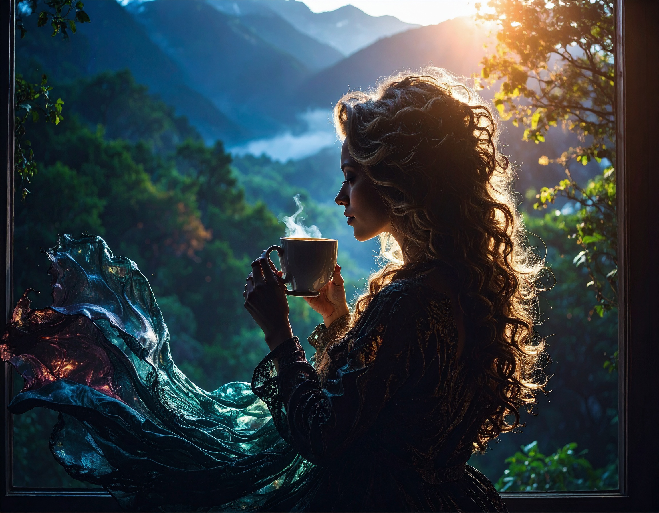 Silhueta de mulher com cabelo encaracolado segurando uma xícara fumegante, emoldurada por uma paisagem montanhosa ao pôr do sol. Iluminação dourada destaca os detalhes do cabelo e do tecido esvoaçante, criando um efeito dramático e poético. A cena transmite serenidade e introspecção, com composição elegante e foco suave.